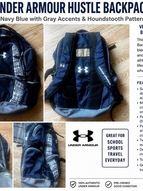 Under Armour Navy Blue and Gray Men's Backpack with Houndstooth Accents